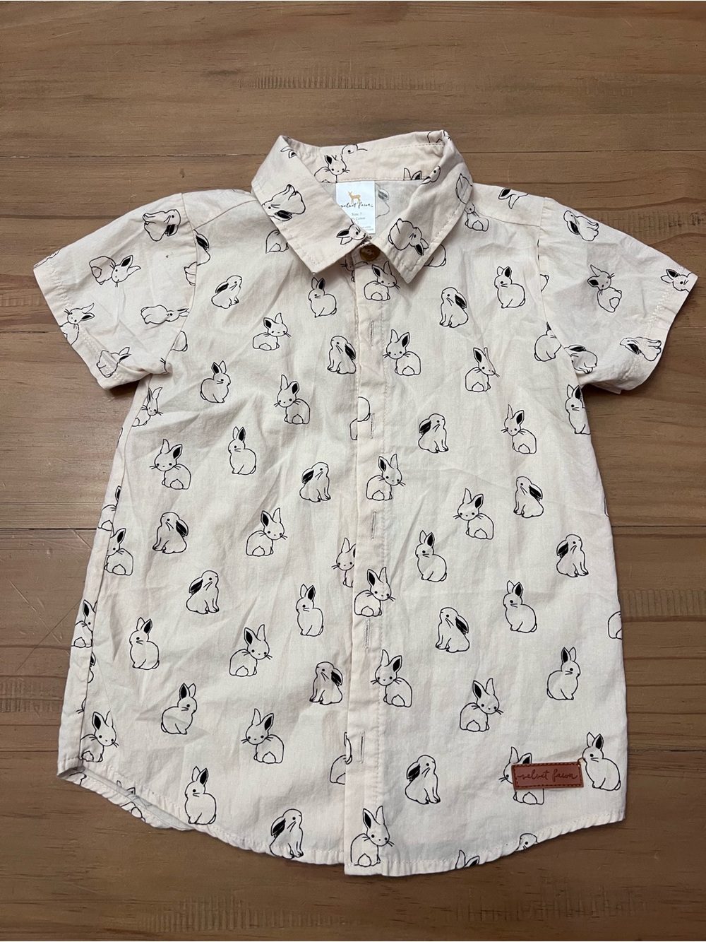 Velvet Kids Short-Sleeve Button-Down Shirt in Cream with Black Bunny Print